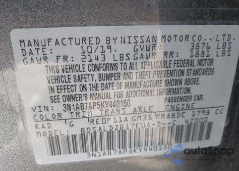 2019 Nissan Sentra Sv z USA, uszkodzony, nr VIN 3N1AB7AP5KY440150